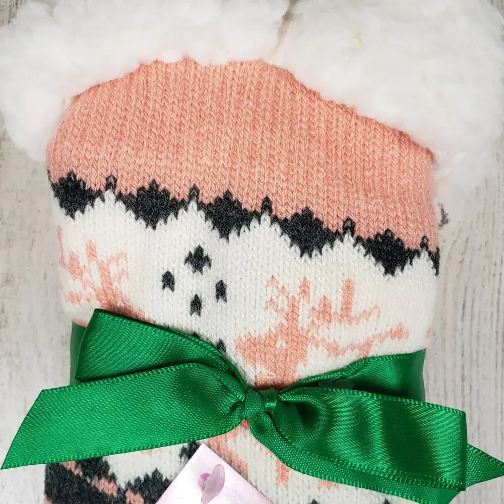 NWT Mari Clare Sherpa Lined Knit Winter Reindeer Design No-Slip Slipper Socks